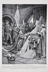 Johann huldigt dem päpstlichen Legaten, 1213, Illustration aus 